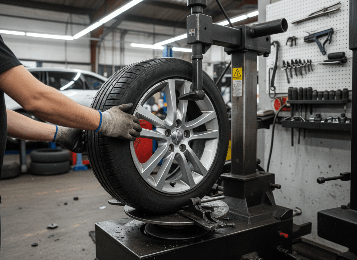Montage de pneumatique sur machine à pneu dans l'atelier